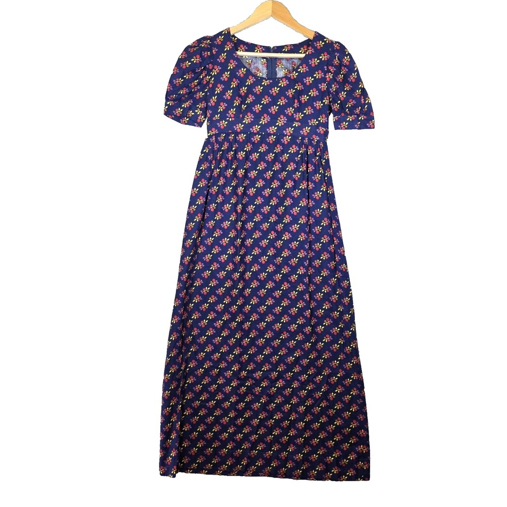 Vtg 1970s Prairie Maxi‎ Dress Calico Navy Floral Puff Sleeve Cottagecore XS S